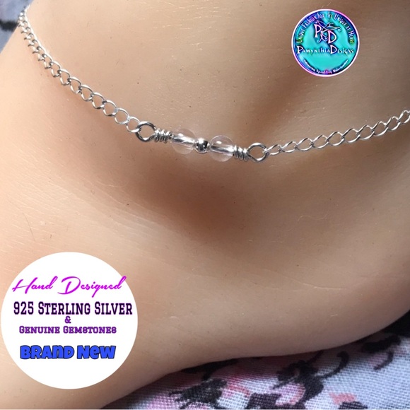 Clear Quartz Crystal Sterling Silver Ankle Bracelet-Dainty 2 Bead Crystal Anklet - Picture 1 of 5